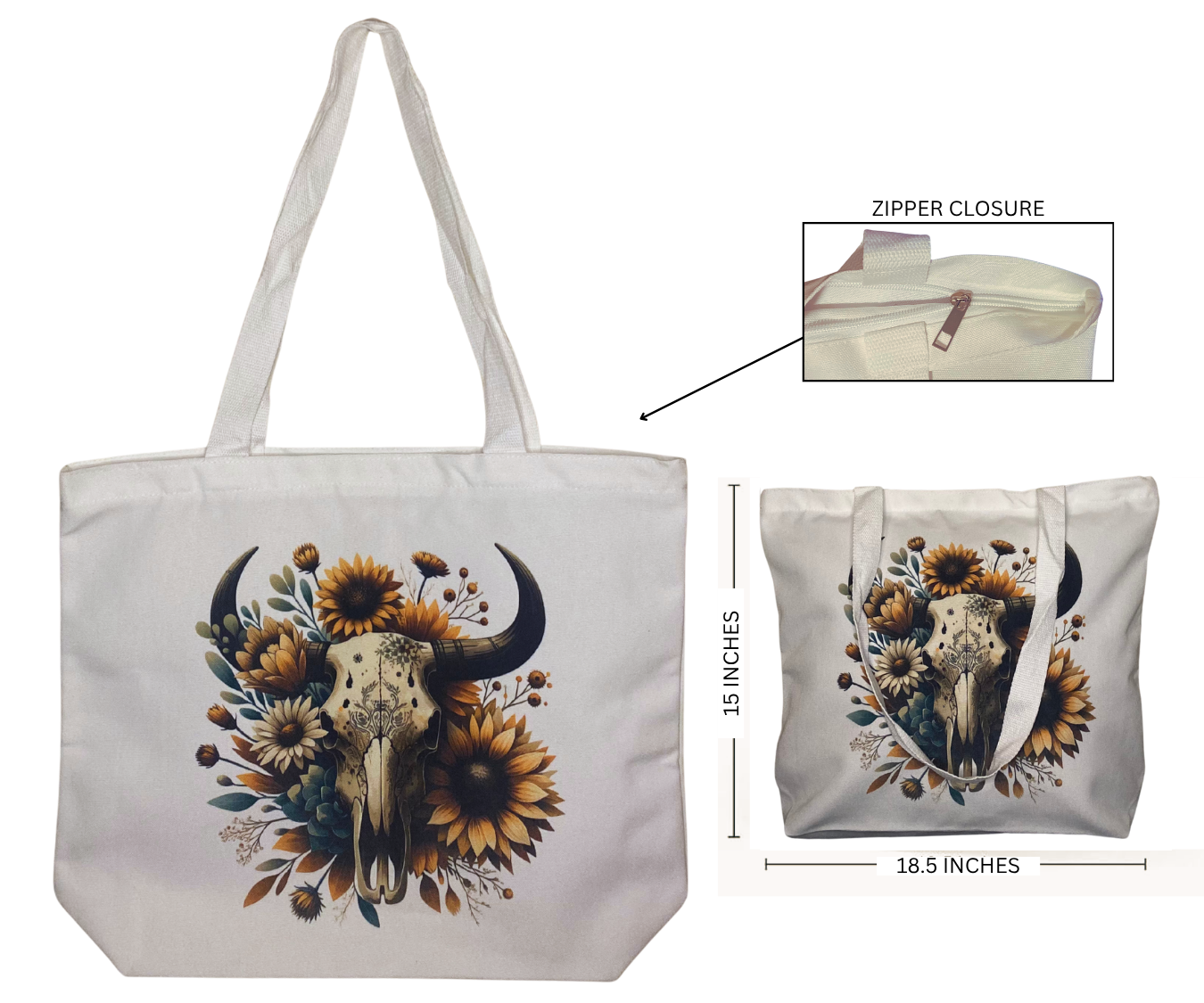 BULL SKULL AND FLOWERS TOTE BAG