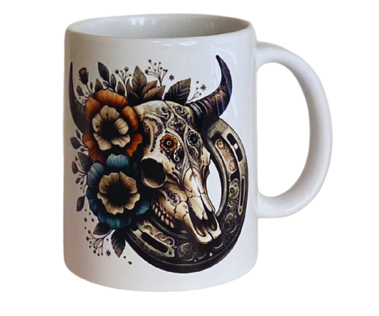 BULL SKULL AND FLOWERS (2) 11 OZ MUG