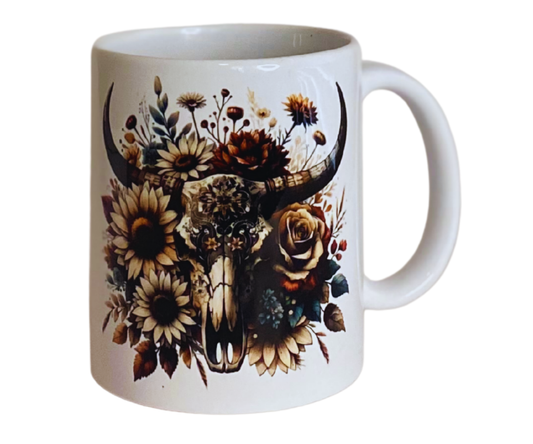 BULL SKULL AND FLOWERS (1) 11 OZ MUG